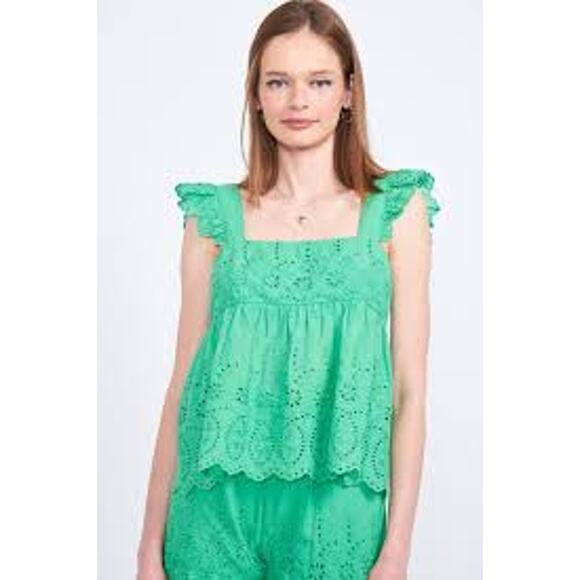 EMORY PARK Eleanor Ruffle Sleeve Eyelet Top in Green Large  / L FEMININE - Picture 2 of 7